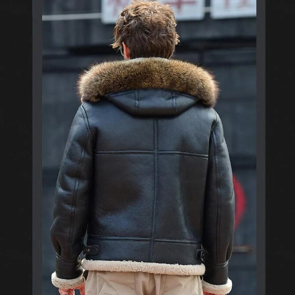 Men's Black Shearling Flight Jacket - Detachable Hooded Leather Coat