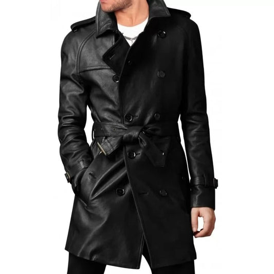 Mens Black Vintage Style Long Leather Coat