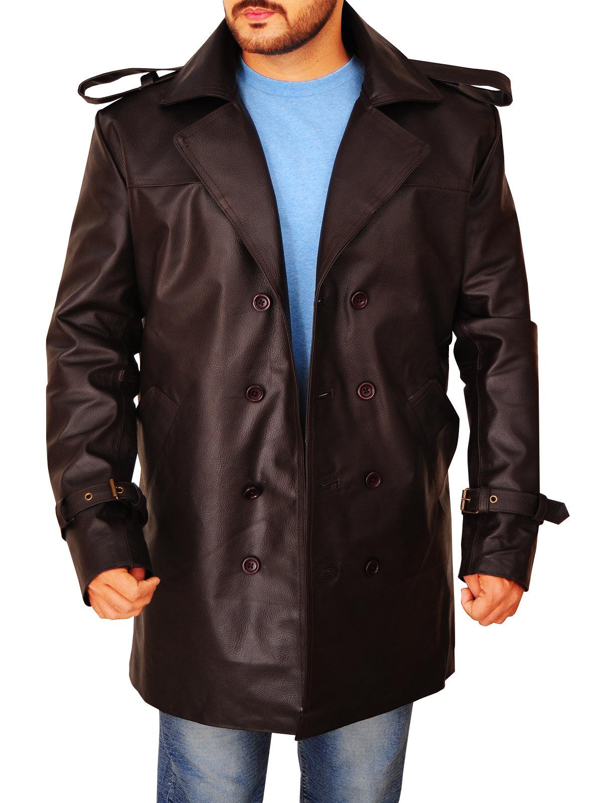 Men's Brown Leather Pea-coat