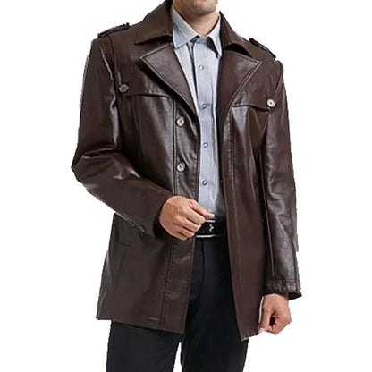 Mens Brown Single Breasted Motorcycle Leather Coat