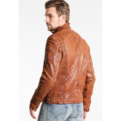 Mens Camel Brown Leather Biker jacket