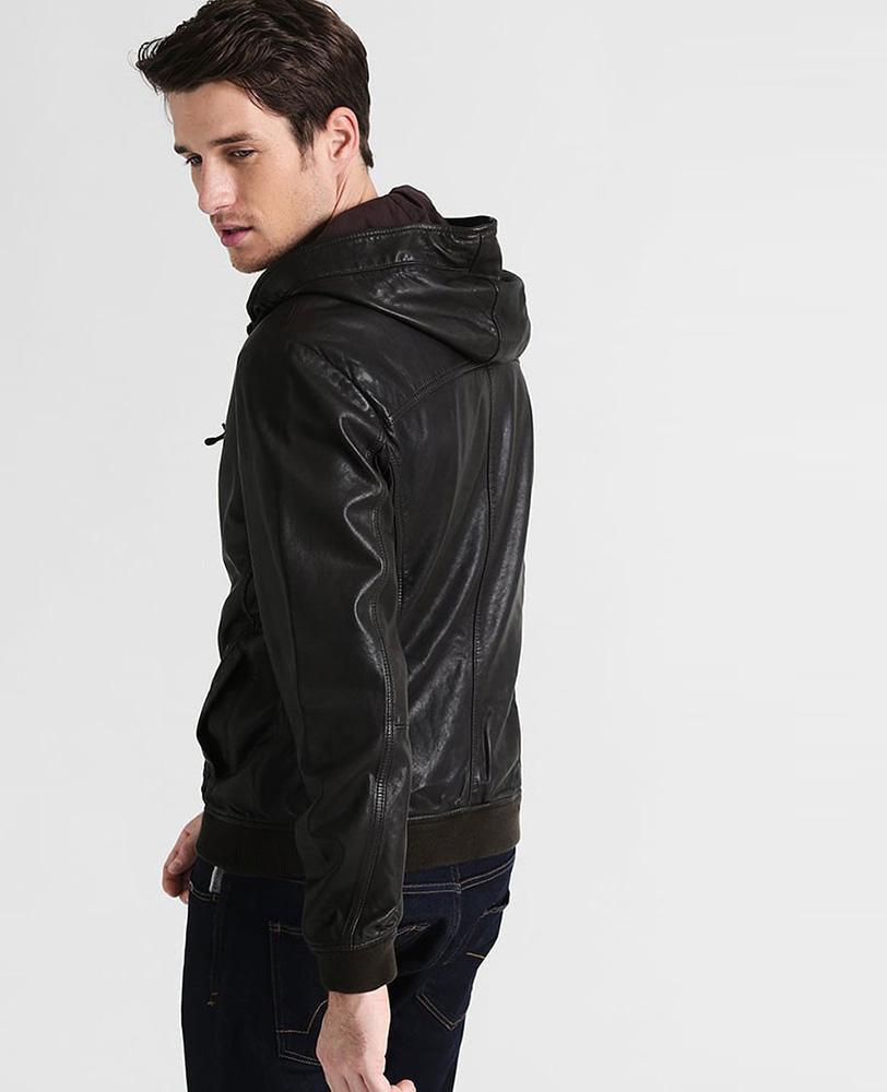 Chet Black Hooded Genuine Leather Jacket For Men