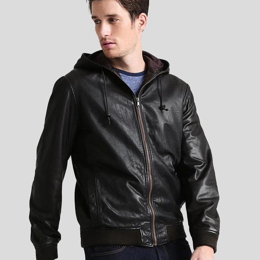 Chet Black Hooded Genuine Leather Jacket For Men