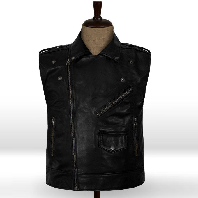 Mens Classic Black Leather Motorcycle Biker Vest