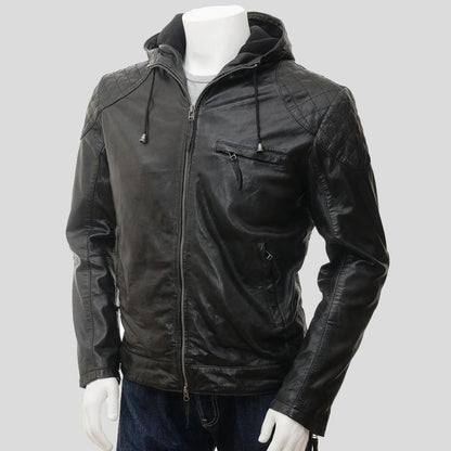Franc Black Hooded Leather Jacket For Men