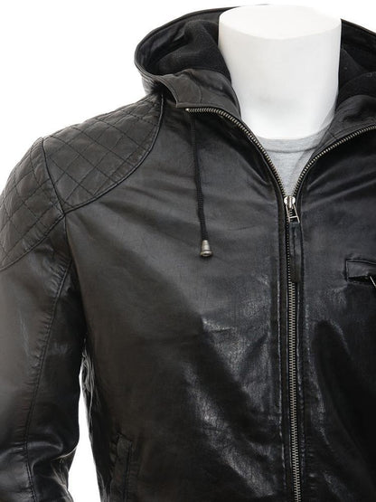 Franc Black Hooded Leather Jacket For Men