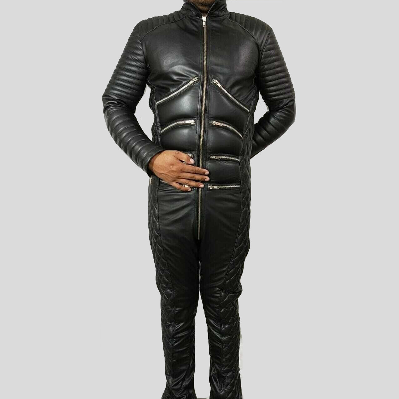 Men's Genuine Leather Quilted Moto Jumpsuit