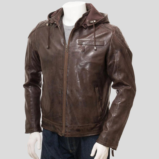 George Brown Removable Hooded Leather Jacket For Men