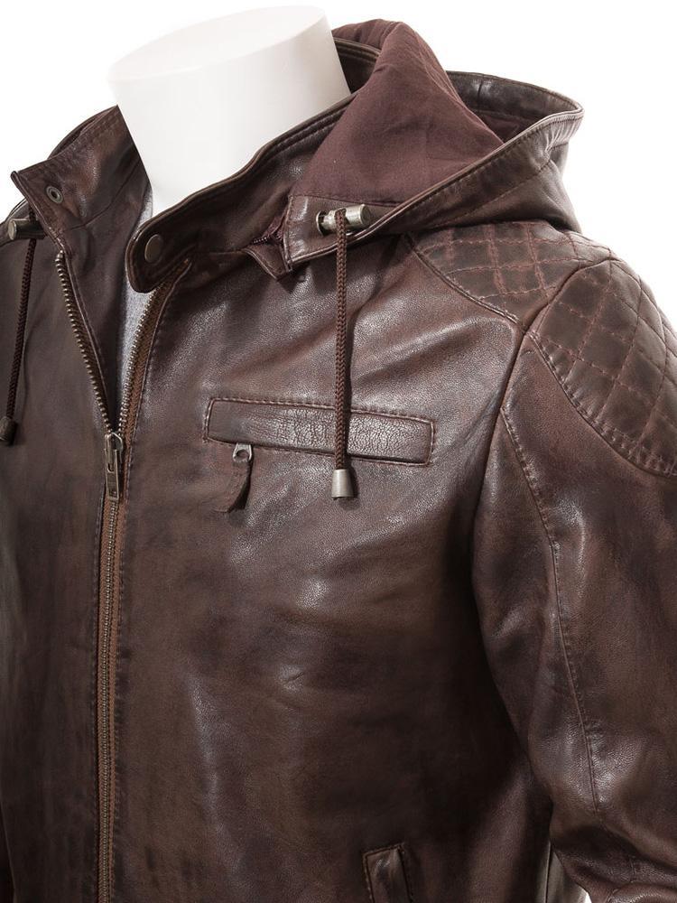 George Brown Removable Hooded Leather Jacket For Men