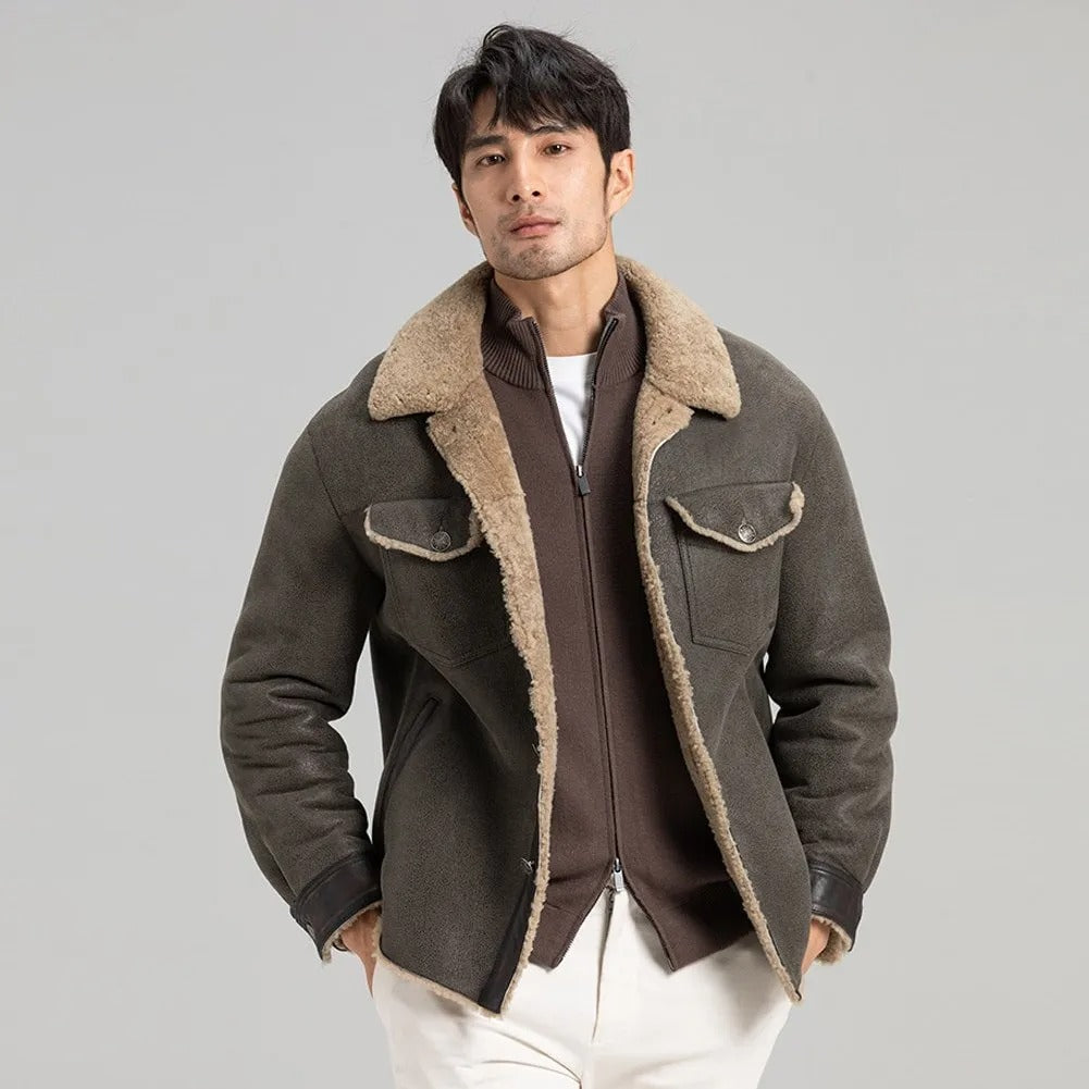 Men's Grey Shearling Jacket - Trucker Style