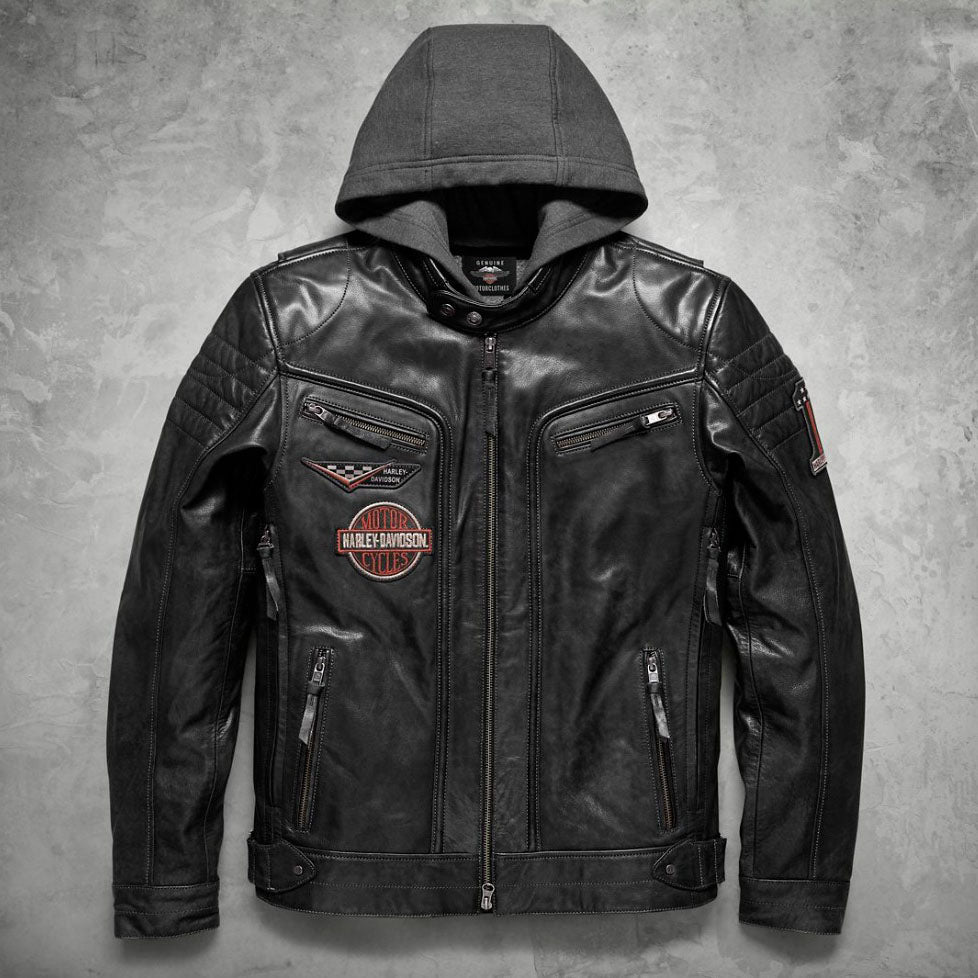 Men's Harley Davidson Distressed Slim Fit Motorcycle Biker Leather Jacket in Black