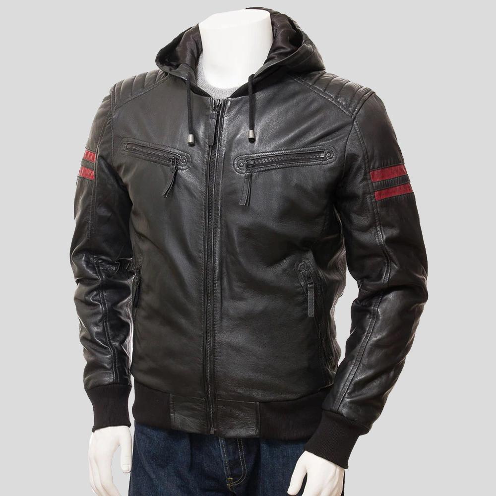 Men's Jed Black Leather Jacket With Hood