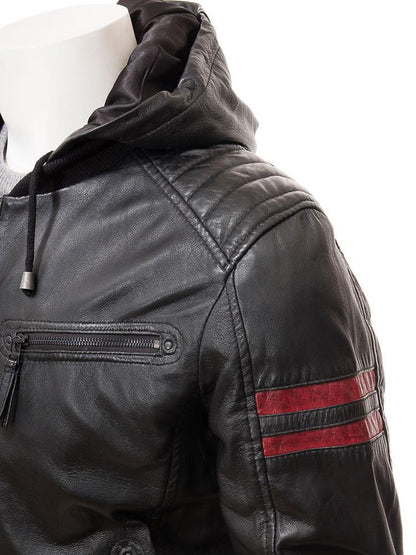 Men's Jed Black Leather Jacket With Hood