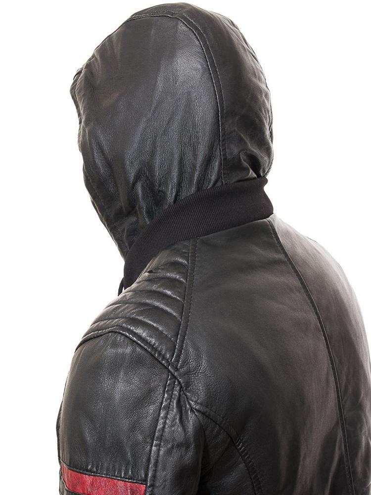 Men's Jed Black Leather Jacket With Hood