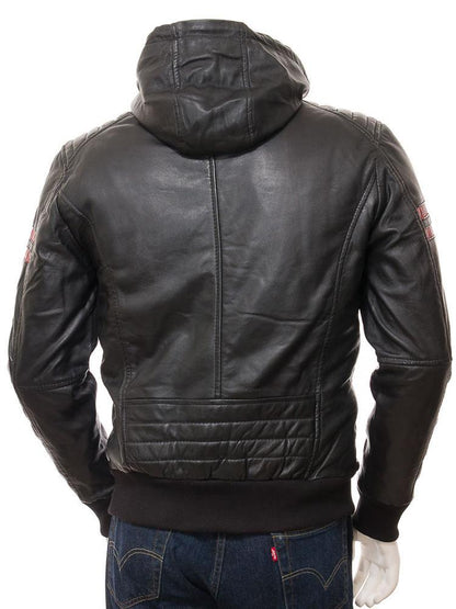 Men's Jed Black Leather Jacket With Hood