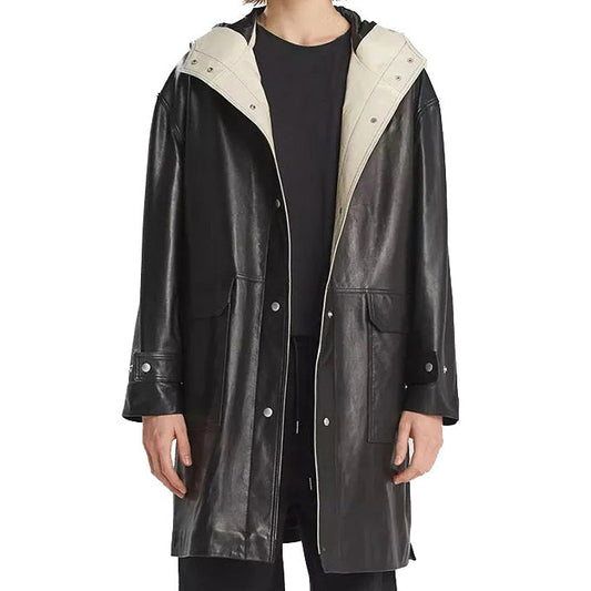 Hooded Leather Trench Coat Black