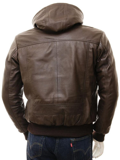 Mado Brown Removable Hooded Leather Jacket For Men