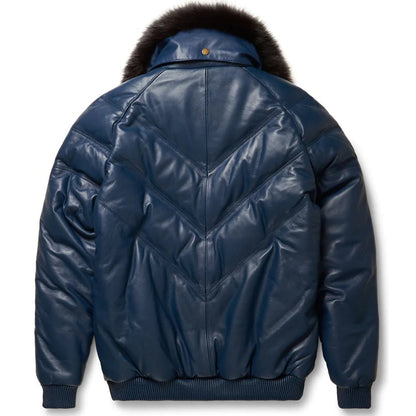 Men's Navy Leather V-Bomber Jacket