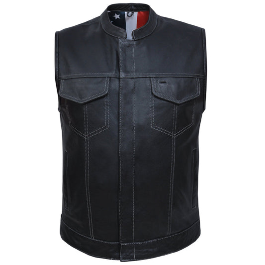 Men's Leather Motorcycle Club Vest with USA Flag Liner