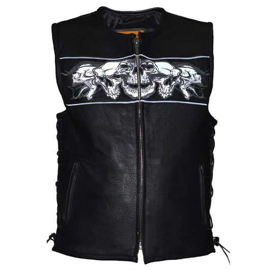 Mens Premium Leather Vest with Night Reflective Skulls