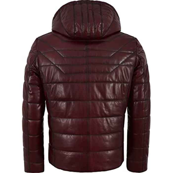 Mens Quilted Leather Puffer Jacket With Hood