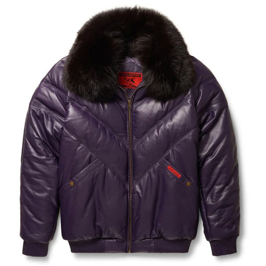 Men's Purple Leather V-Bomber Jacket