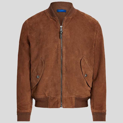 Men's Dark Brown Suede Leather Bomber Jacket