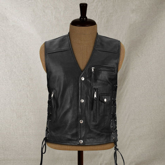 Mens Traditional Biker Black Leather Vest