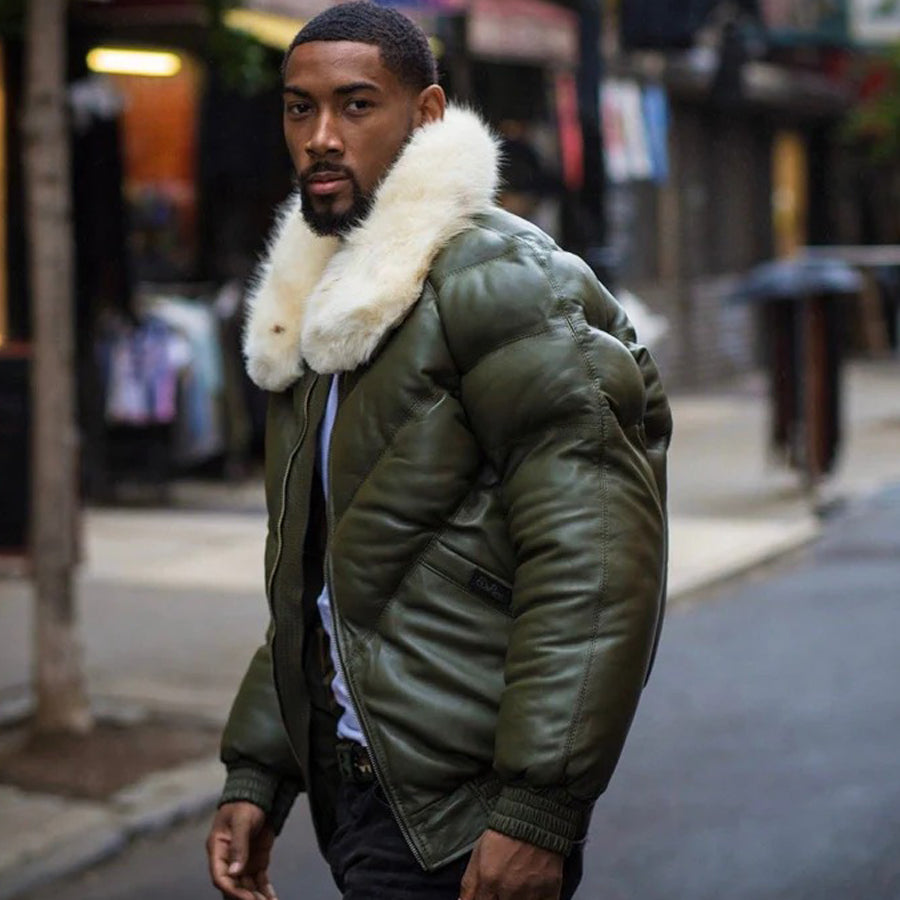 Men's V Bomber Jacket - Money Green (Off White Fur)