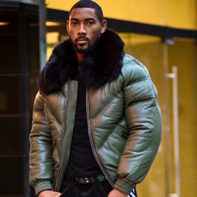 Men's V Bomber Jacket - Olive Green (Black Fur)