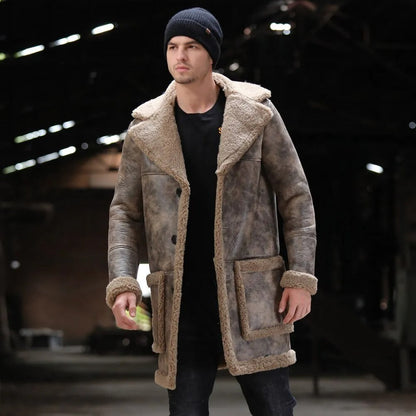 Men's Waxed Shearling Jacket - Leather Fur Long Coat