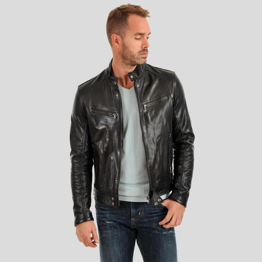 Evan Black Motorcycle Leather Jacket For Men