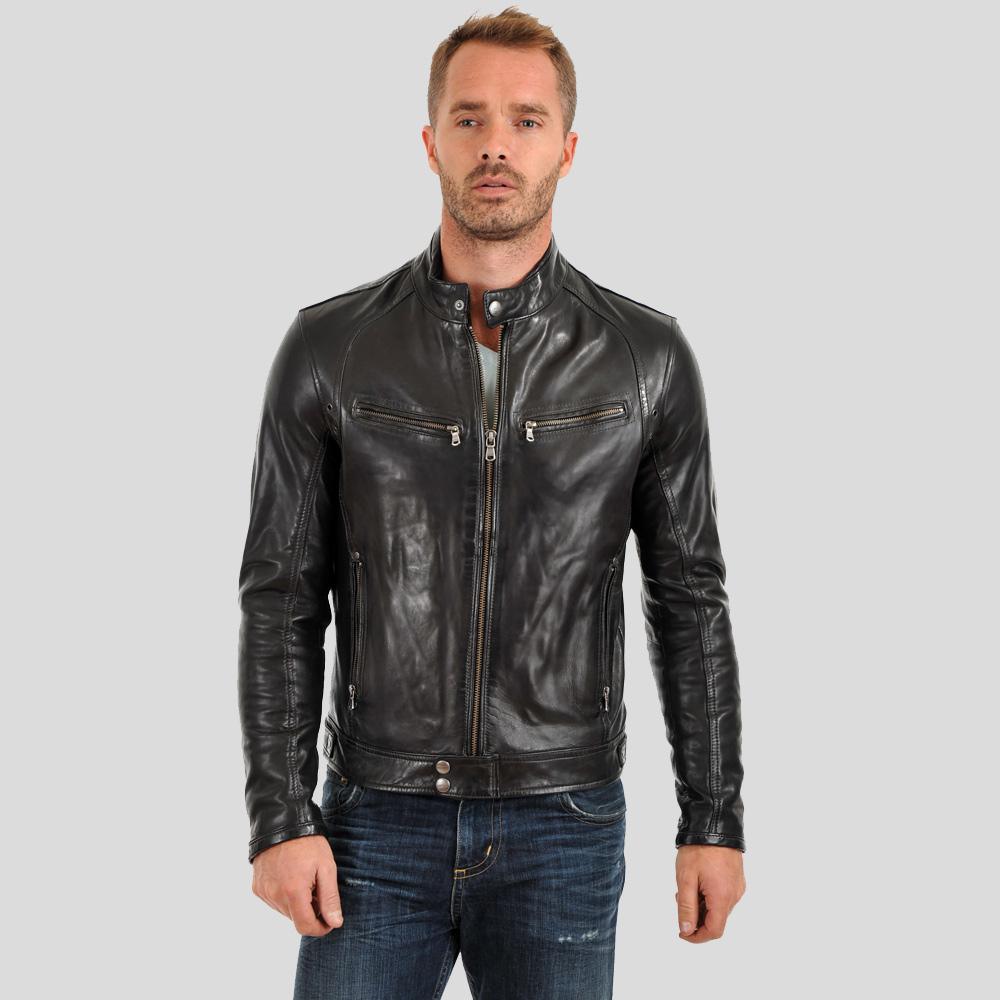 Evan Black Motorcycle Leather Jacket For Men