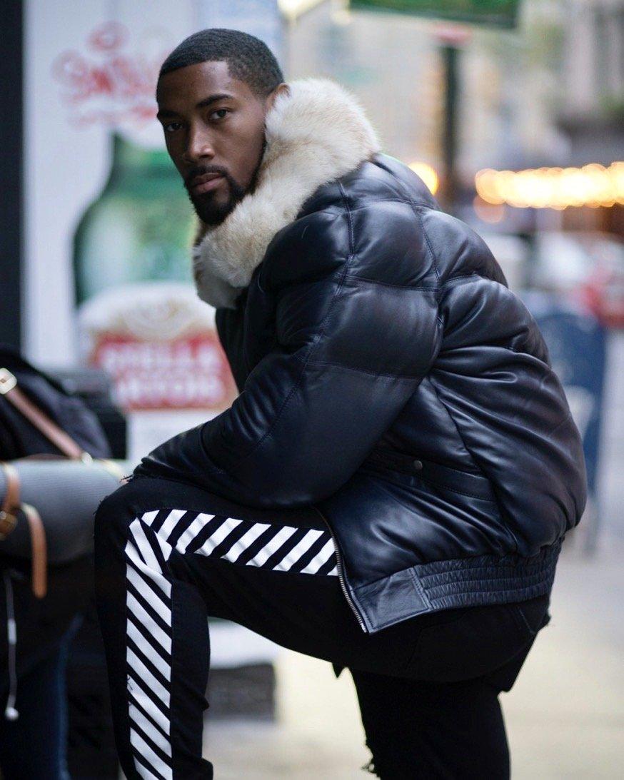 MEN'S NAVY BLUE (OFF WHITE FUR) V BOMBER JACKET