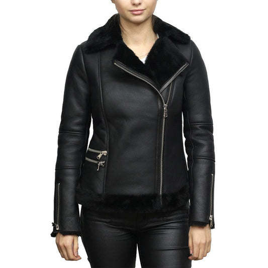 Women's Black Sheepskin Aviator Pilot Leather Jacket