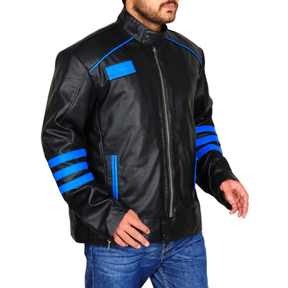 Mens Black & Blue Biker Leather Jacket