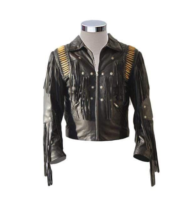 Men's Bluish Black Leather Western Cowboy Leather Jacket Fringe Bones