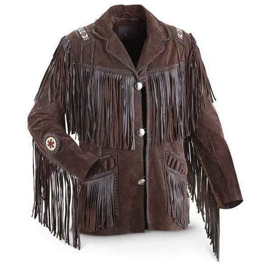 Men's Bluish Brown Suede Western Cowboy Leather Jacket Fringe Bones