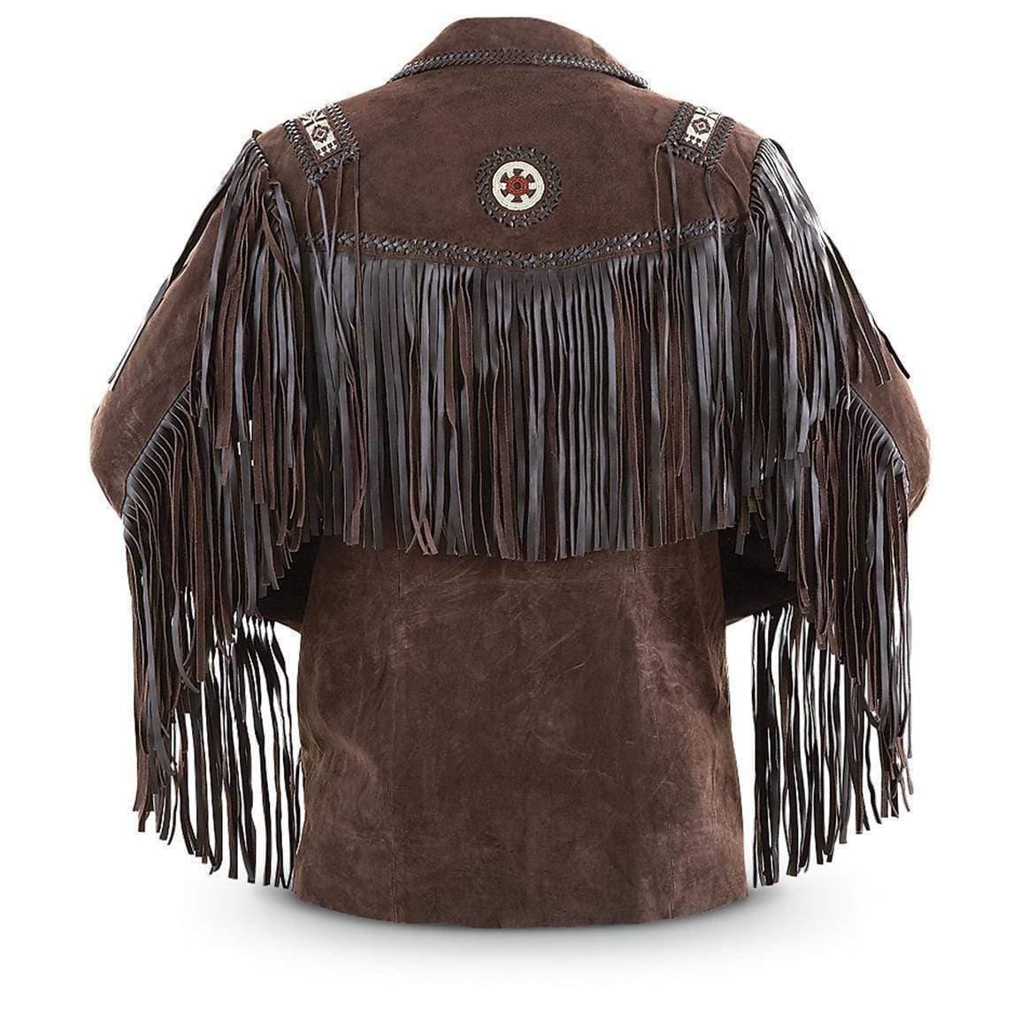 Men's Bluish Brown Suede Western Cowboy Leather Jacket Fringe Bones