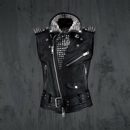 Men's Black Leather Silver Studded Biker Punk Vest