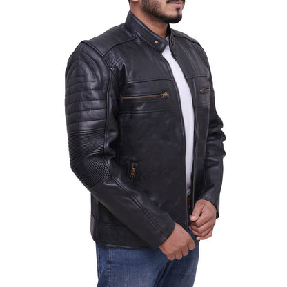 Mens Black Cafe Racer Biker Jacket