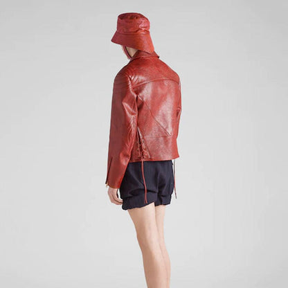 Red Sheepskin leather biker jacket For Women