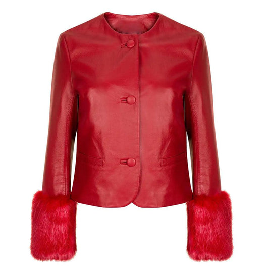Women's Faux Fur Red Leather Biker Jacket