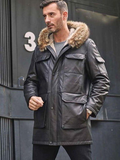 Men's Black Leather Parkas Mink Coat Long Winter Overcoat Fur Outwear