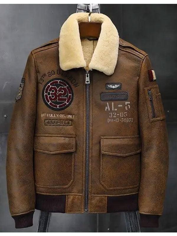 Men's B3 Flying Leather Coat Embroidered Bomber Shearling Jacket