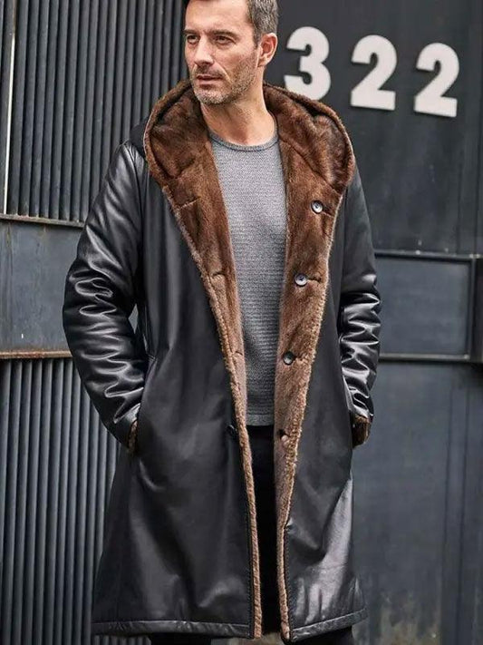 Men's Cowhide Shearling Fur Parkas Hooded Leather Coat