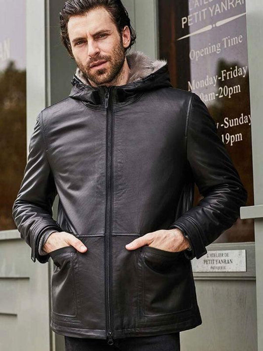Men's Fur Overcoat Black Leather Jacket Hooded Winter Outerwear