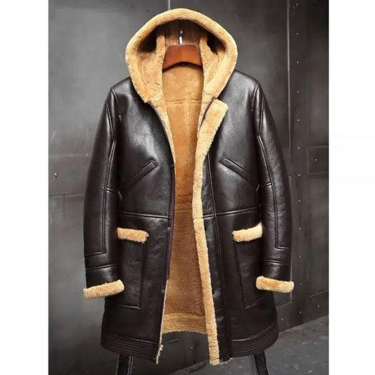 Men's Sheepskin Leather RAF Hooded Shearling Fur Long Jacket Winter Coats