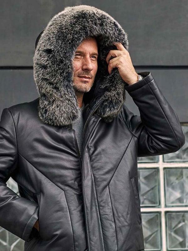 Men's Black Leather Down Jacket With Fox Fur Collar Hooded Winter Overcoat Long Warm Outwear