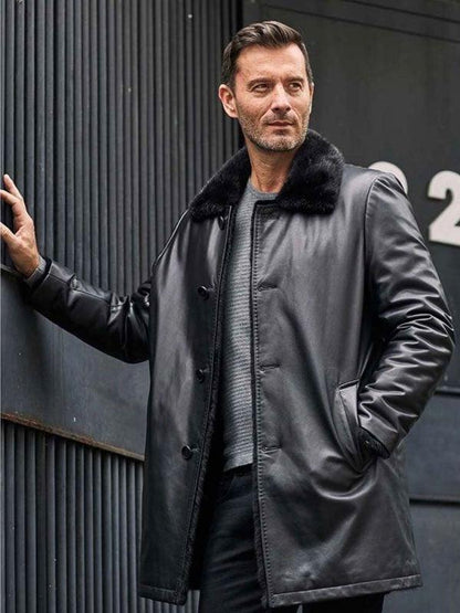 Men's Mink Fur Coat Long Fur Outwear Black Leather Overcoat